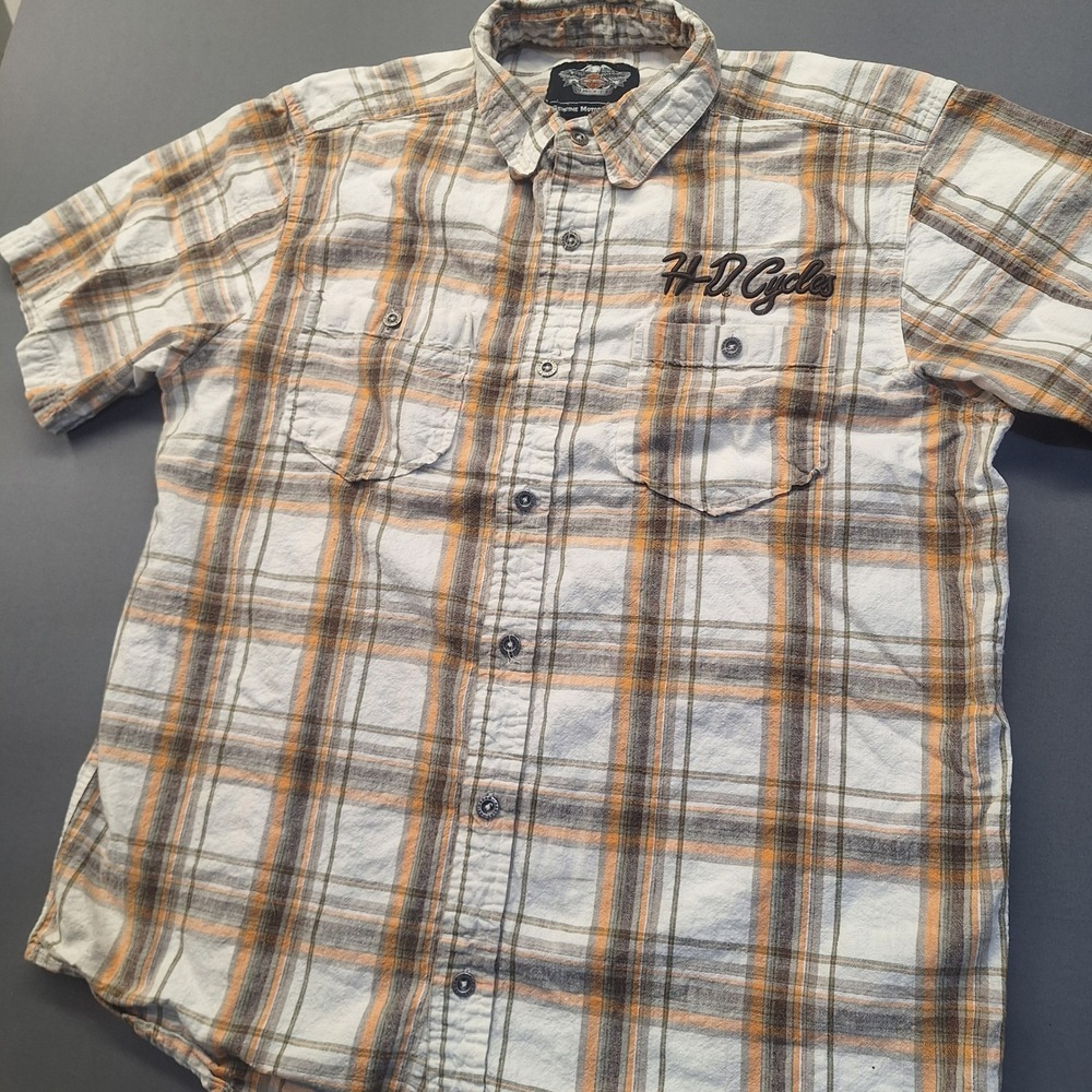 Harley Davidson Mens Linen Blend Plaid Short Sleeve Button Down Shirt Orange L